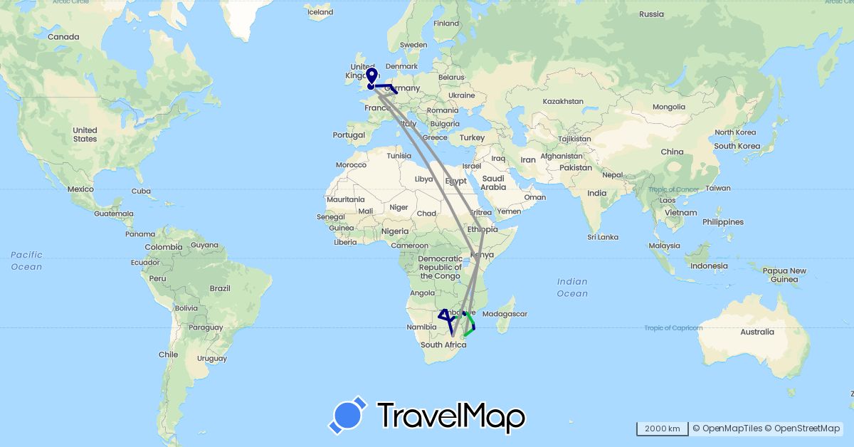 TravelMap itinerary: driving, bus, plane in Botswana, Germany, Ethiopia, France, United Kingdom, Kenya, Mozambique, South Africa, Zambia, Zimbabwe (Africa, Europe)