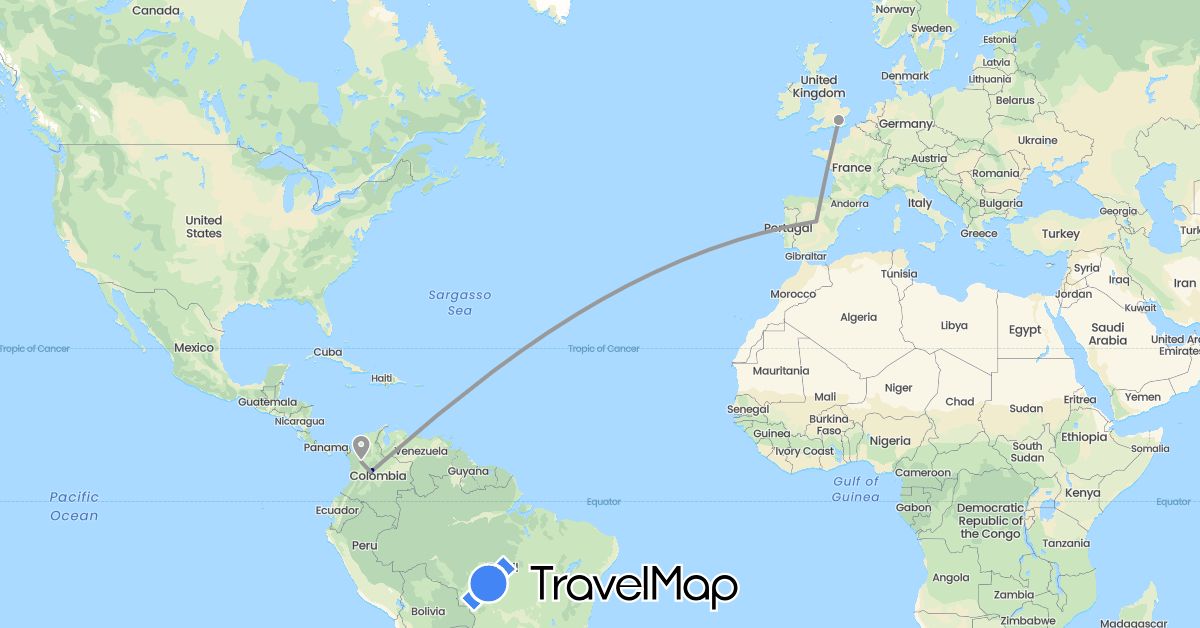TravelMap itinerary: driving, plane in Colombia, Spain, United Kingdom (Europe, South America)